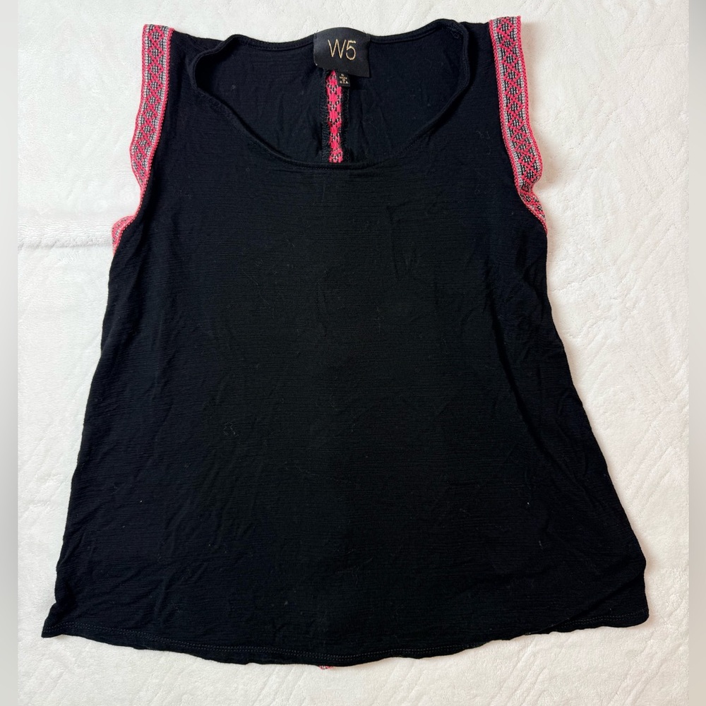 Anthropologie W5 Womens Small Black Embroidered Trim Sleeveless Tank Top Indie